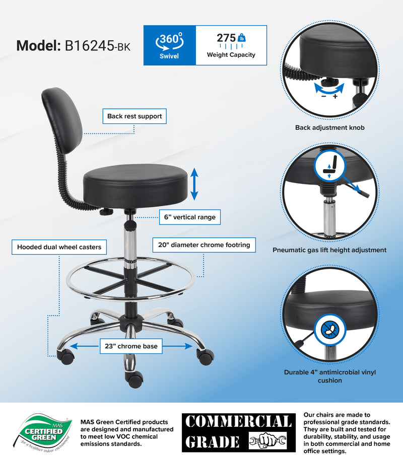 Boss Antimicrobial Vinyl Medical/Drafting Stool w/Back Cushion, Black (B16245-BK) Each