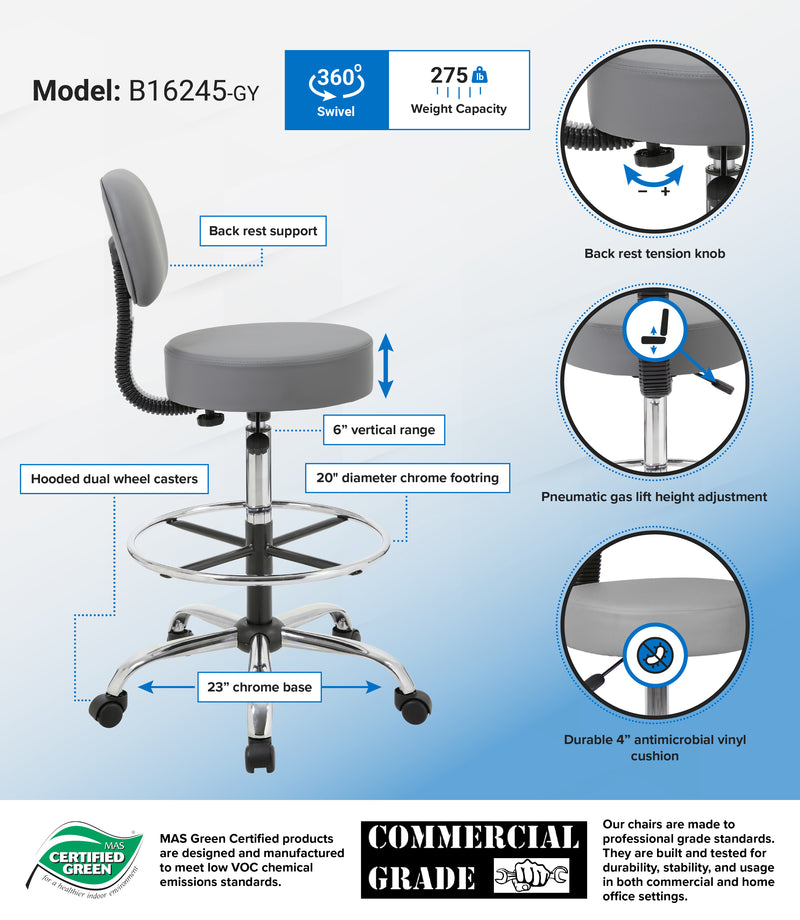 Boss Antimicrobial Vinyl Medical/Drafting Stool w/Back Cushion, Gray (B16245-GY) Each