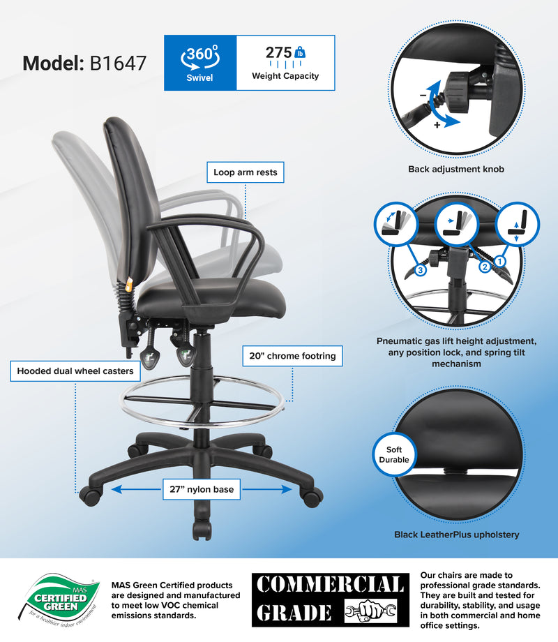 Boss Multi-Function LeatherPlus Drafting Stool w/Loop Arms (B1647) Each