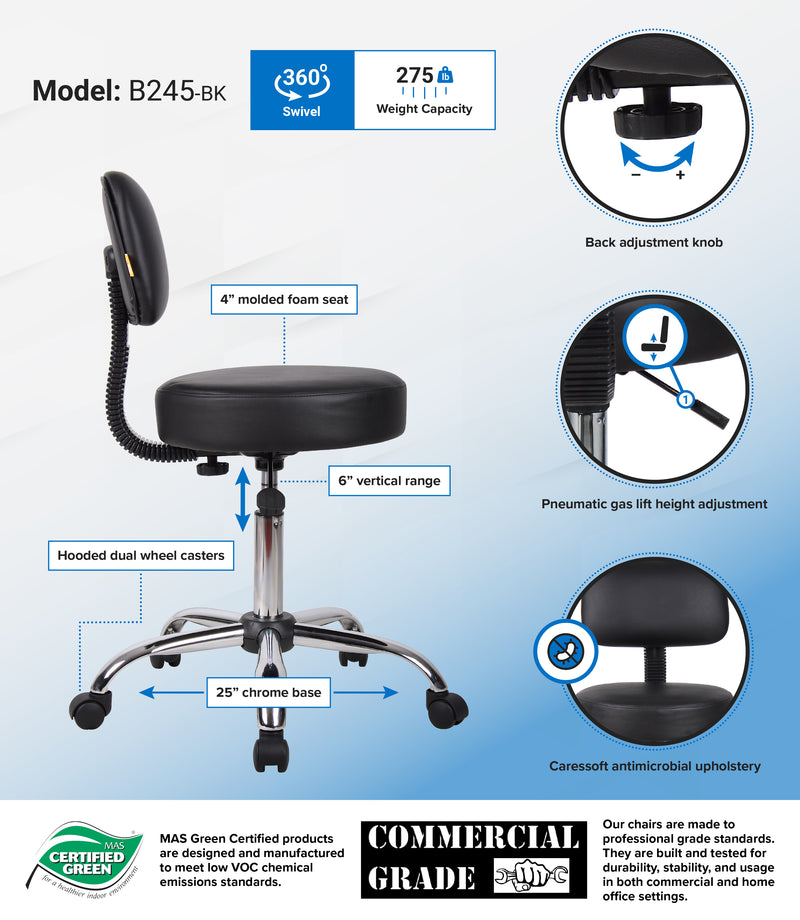 Boss Black Antimicrobial Vinyl Medical Stool w/Back Cushion (B245-BK) Each