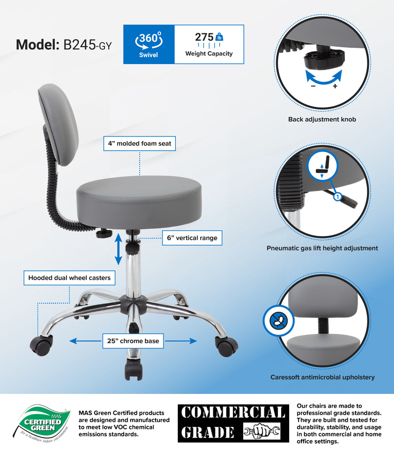 Boss Gray Antimicrobial Medical Stool w/Back Cushion (B245-GY) Each