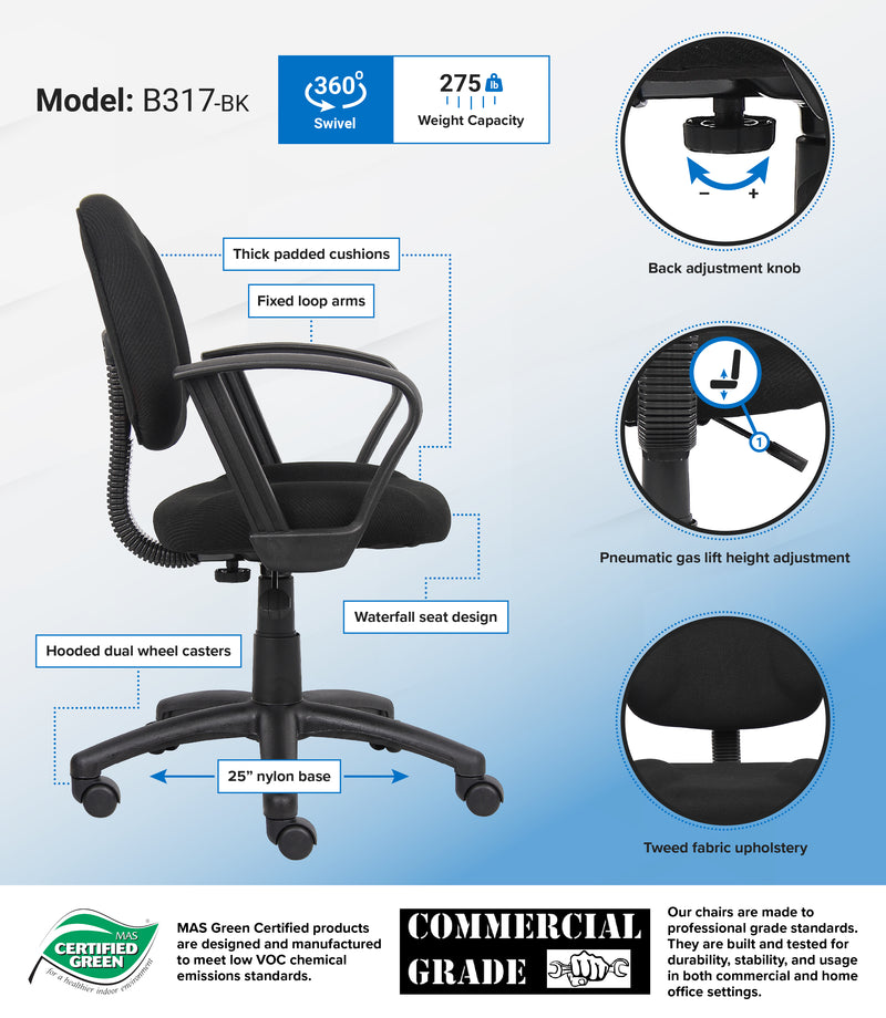 Boss Black Deluxe Posture Chair w/Loop Arms (B317-BK) Each