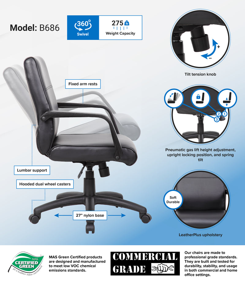 Boss Mid Back Executive Chair In LeatherPlus (B686) Each