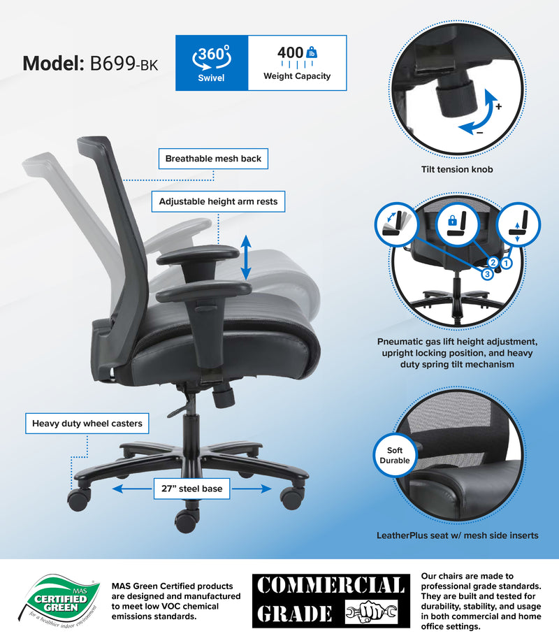 Boss Mesh Heavy Duty Chair, 400 lb weight capacity (B699-BK) Each