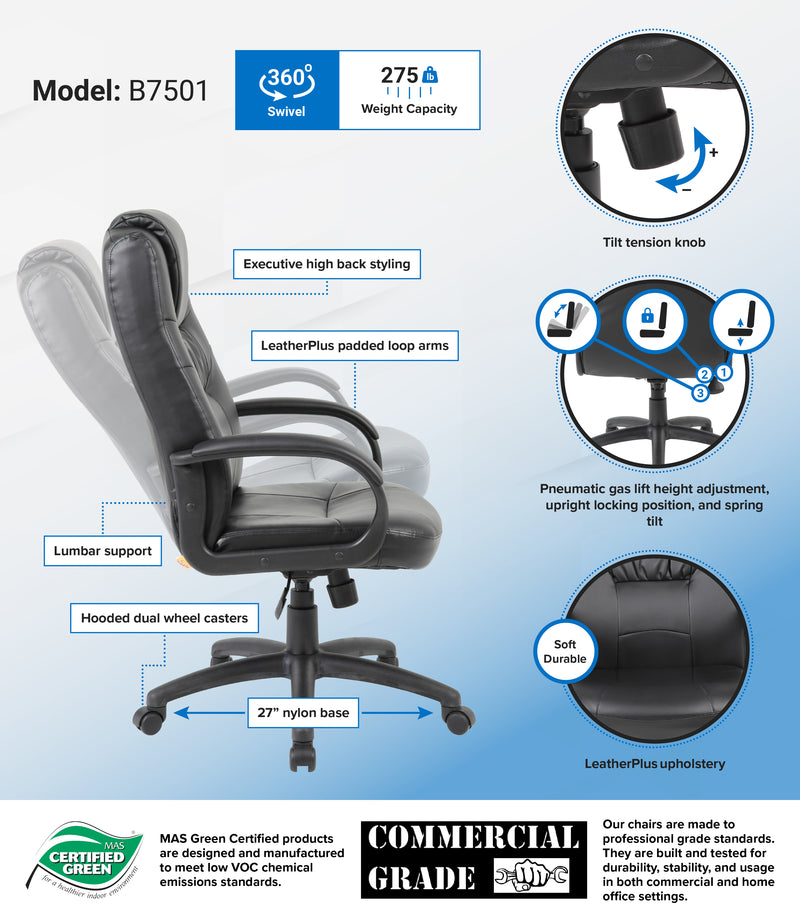 Boss Executive High Back LeatherPlus Chair (B7501) Each