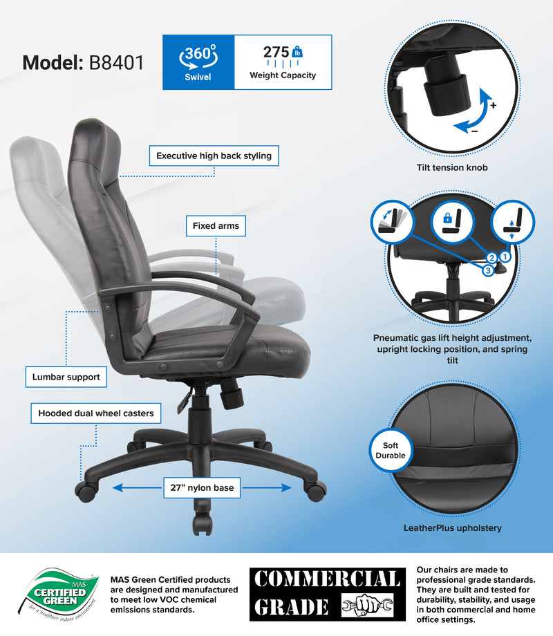 Boss High Back LeatherPlus Chair (B8401) Each