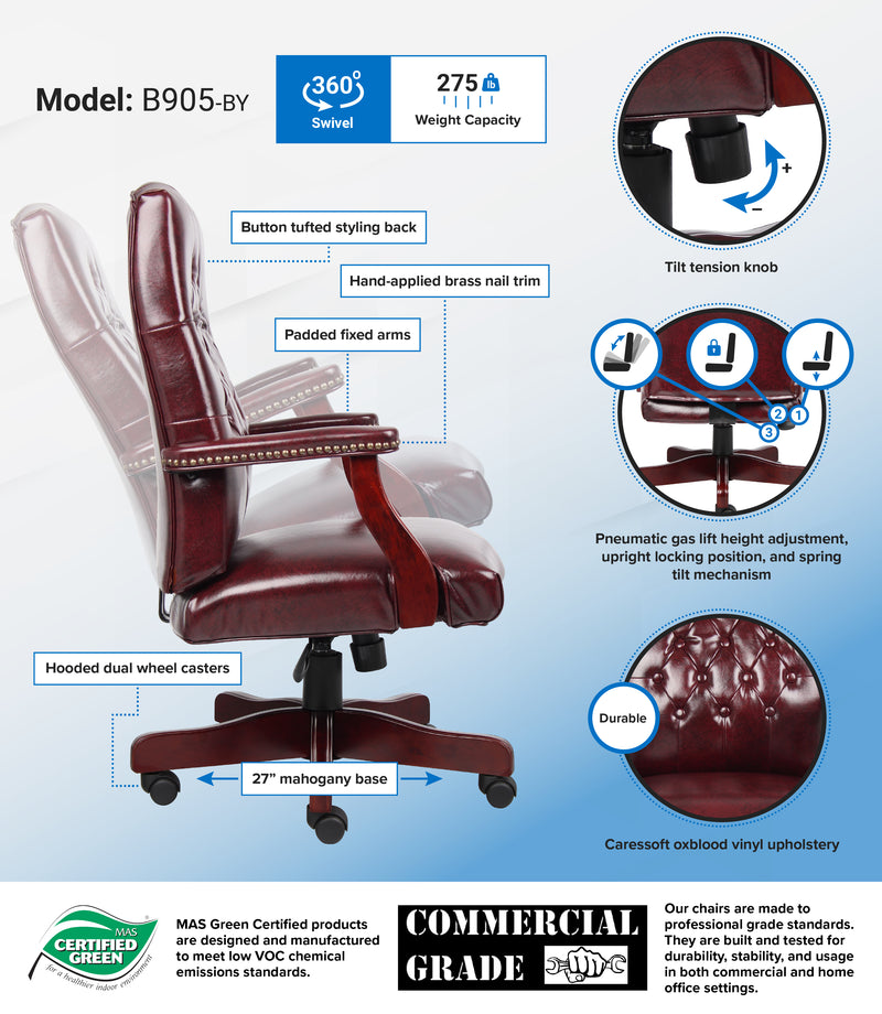 Boss Classic Executive Oxblood Vinyl Chair With Mahogany Finish Frame (B905-BY) Each