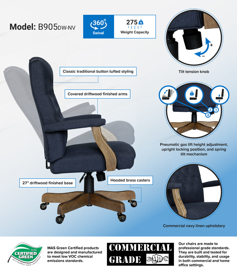Boss Executive Navy Commercial Grade Linen Chair With Driftwood Finish Frame (B905DW-NV) Each