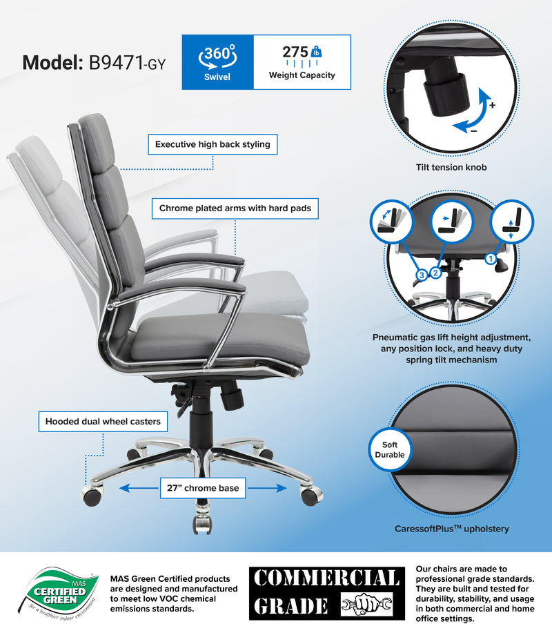 Boss Executive CaressoftPlus Chair with Metal Chrome Finish, Gray (B9471-GY) Each