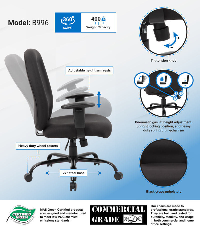 Boss Heavy Duty Task Chair- 400 lbs (B996) Each