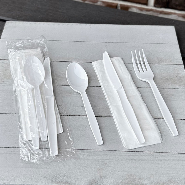 Boardwalk® Four-Piece Cutlery Kit, Fork/Knife/Napkin/Teaspoon, Mediumweight, Polystyrene, White, 250/Carton (BWK4KITWHPS) Case of 250