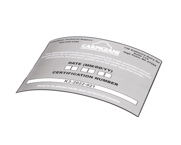 CARPIGIANI US192-024276 DECAL-PM CERTIFICATION (CRPUS192-024276) Each