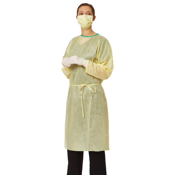 Medium-Weight AAMI Level 2 Isolation Gown with Elastic Wrists, Tape-Tab Neck, Yellow, Size L, 100/CS  (NONLV200) Case of 100