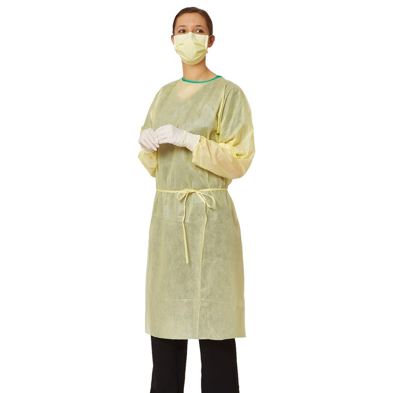 Medium-Weight AAMI Level 2 Isolation Gown with Elastic Wrists, Tape-Tab Neck, Yellow, Size L, 100/CS (05166CS) Case of 100