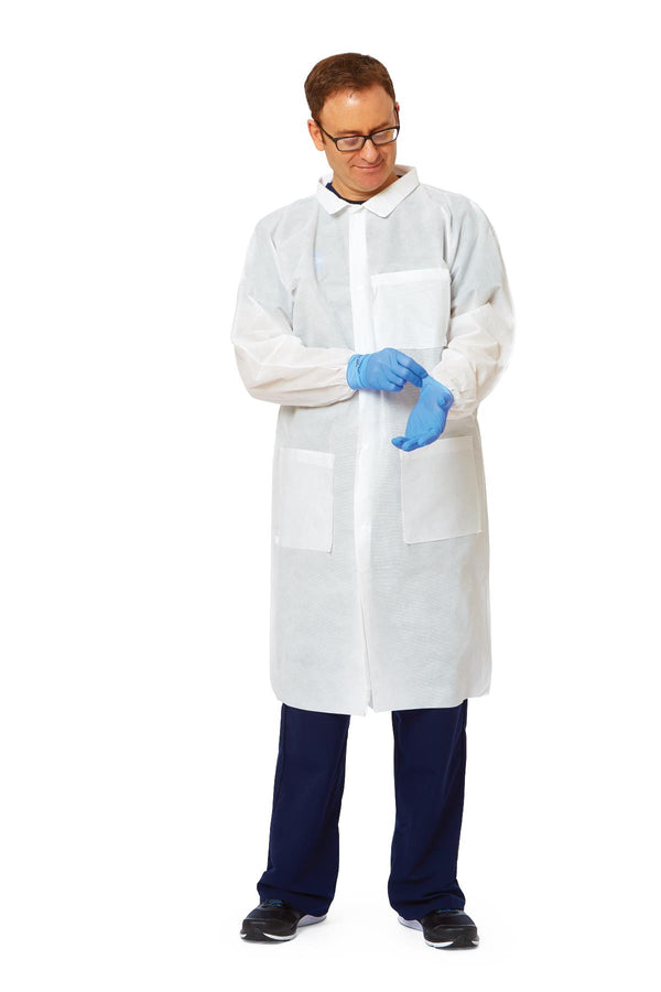 Disposable Knit-Cuff Multilayer SMS Lab Coat with Traditional Collar, White, Size L, 30/CS  (NONSW100L) Case of 30