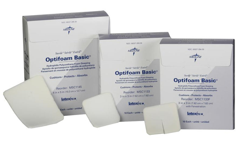 Optifoam Basic Hydrophilic Polyurethane Foam Dressing, with Fenestration, 3" x 3", 100/CS  (MSC1133F) Case of 100