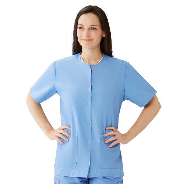 Medline Women's Snap-Front Jewel-Neckline Scrub Top, 2 Pockets, Ceil Blue, Size XS, 1/EA  (851NTHXS) Each