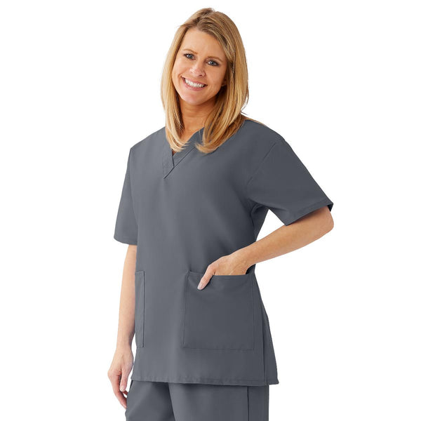 AngelStat Women's V-Neck Tunic Scrub Tops with 2 Pockets, Charcoal, Size L, 1/EA  (893NCCL) Each