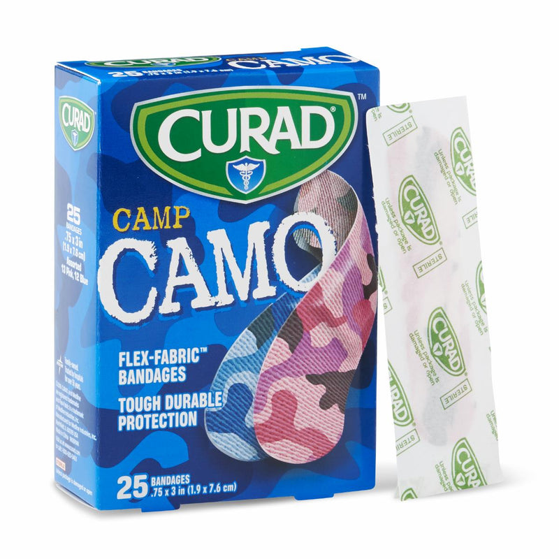 CURAD Pink/Blue Camo Flex-Fabric Adhesive Bandage, 3/4" x 3", 25/Box, 1/BX  (CUR45702RBZ) Box of 1