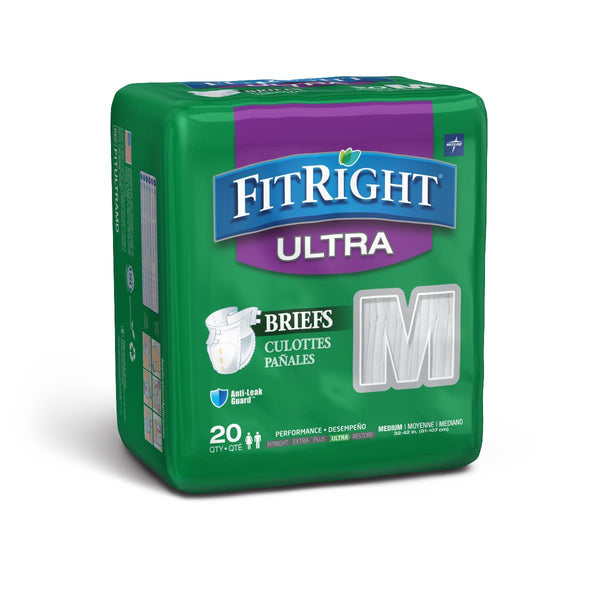 FitRight Ultra Adult Incontinence Briefs, Size M, for Waist Size 32"-44", 20/BG (FITULTRAMDZ) Bag of 20