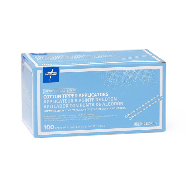 Sterile Cotton-Tipped Wood Applicator, 3", 2/Inner Pack (100 Packs/Box), 200/BX (MDS202105Z) Box of 200