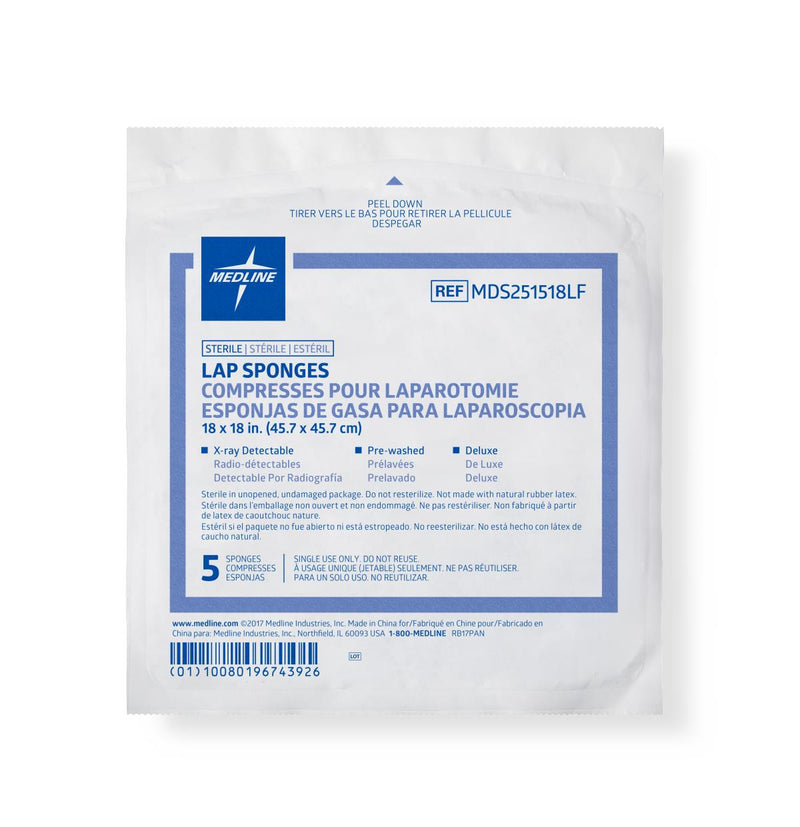 X-Ray Detectable Sterile Lap Sponge, 18" x 18", Deluxe, 5/Pack, 40 Packs/Case, 200/CS (MDS251518LF) Case of 200