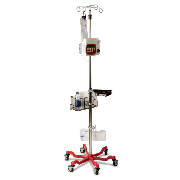 Stainless Steel 6-Leg Heavy-Duty IV Pole with Quick Release Casters, 4 Hook, 73" to 99-1/5" H, Red Base, 2/CS (MDS80600RED) Case of 2