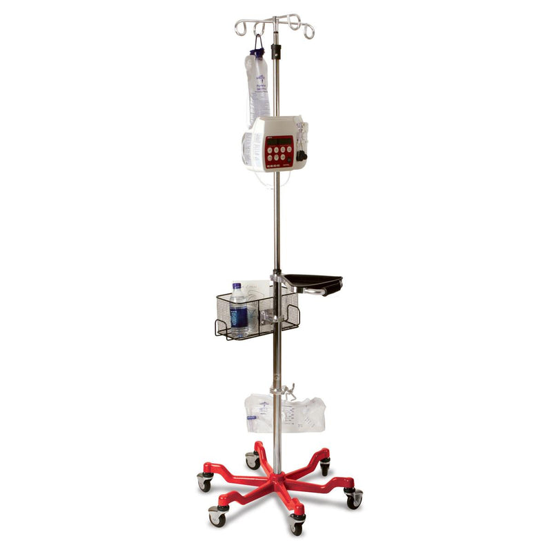 Stainless Steel 6-Leg Heavy-Duty IV Pole with Quick Release Casters, 4 Hook, 73" to 99-1/5" H, Red Base, 2/CS (MDS80600RED) Case of 2