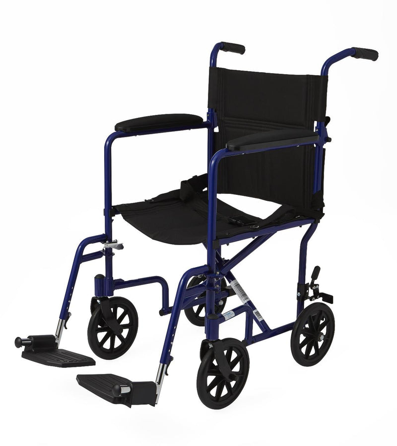 Basic Aluminum Transport Chair with Permanent Full-Length Armrests, Detachable Footrests and 8" Wheels, 300 lb. Capacity, 19" W, Blue, 1/CS  (MDS808200ABE) Case of 1