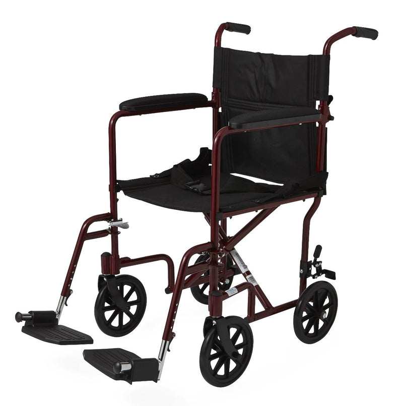 Basic Aluminum Transport Chair with Permanent Full-Length Armrests, Detachable Footrests and 8" Wheels, 300 lb. Capacity, 19" W, Red, 1/CS  (MDS808200ARE) Case of 1