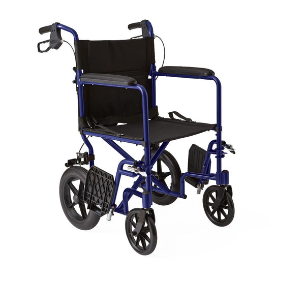 Basic Aluminum Transport Chair with Permanent Full-Length Arms, Swing-Away Footrests and 12" Wheels, Blue, 1/CS  (MDS808210ABE) Case of 1