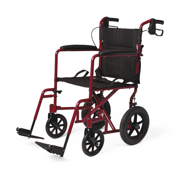 Basic Aluminum Transport Chair with Permanent Full-Length Arms, Swing-Away Footrests and 12" Wheels, Red, 1/CS  (MDS808210ARE) Case of 1