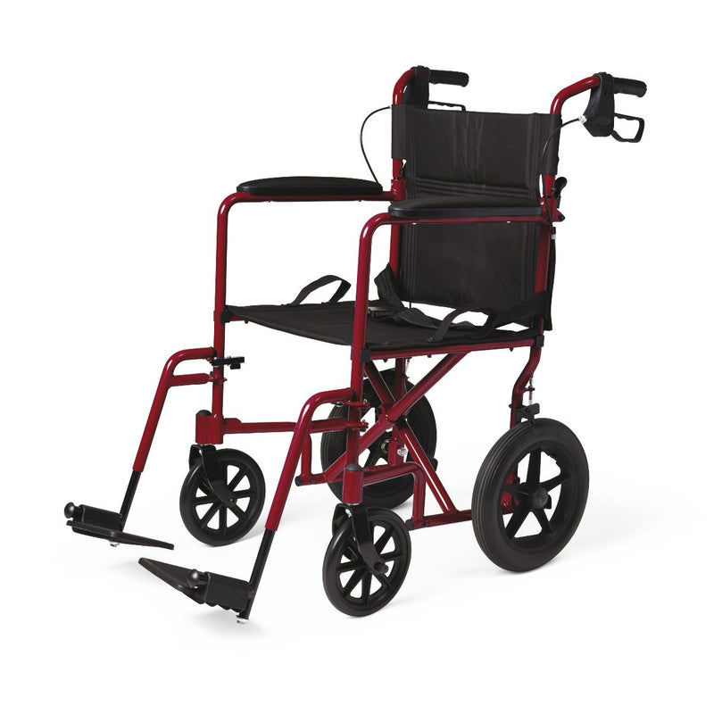 Basic Aluminum Transport Chair with Permanent Full-Length Arms, Swing-Away Footrests and 12" Wheels, Red, 1/CS  (MDS808210ARE) Case of 1