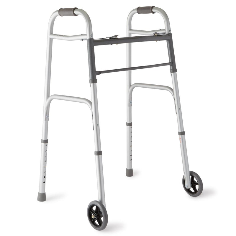 2-Button Folding Walker with 5" Wheels, Aluminum, 1/EA  (MDS86410W54H) Each