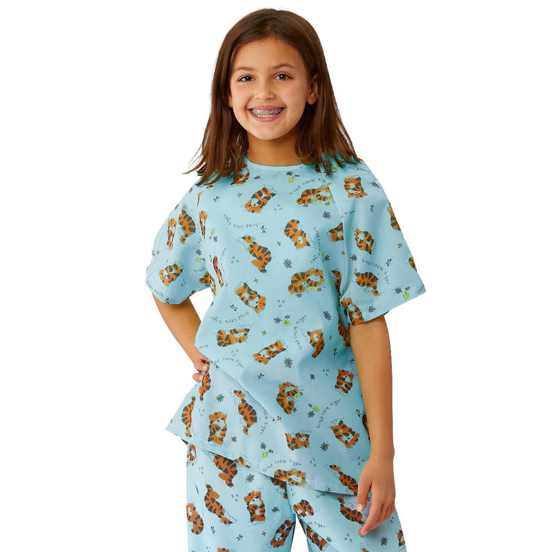 Pediatric IV Gown/Pajama Top, Tired Tiger Print on Blue Background, Size L, 12/DZ  (MDT011389L) 1 Dozen