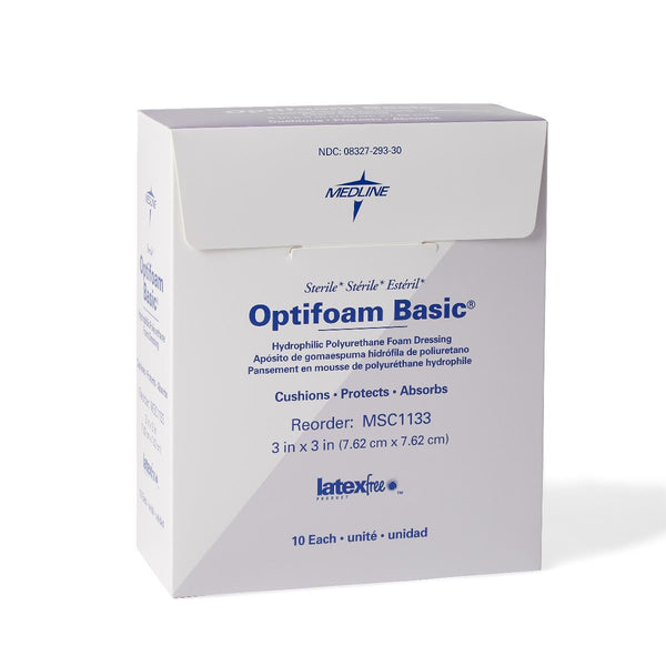 Optifoam Basic Hydrophilic Polyurethane Foam Dressing, 3" x 3", 100/CS  (MSC1133) Case of 100