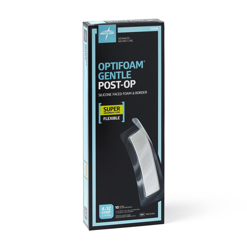 Optifoam Gentle Silicone-Faced Post-Op Foam Dressing, 4" x 12" with 2" x 10" Pad, 100/CS  (MSC21412) Case of 100