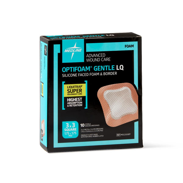 Optifoam Gentle Silicone-Faced Foam Dressing with Liquitrap Super Absorbent Core in Educational Packaging, 3" x 3", 100/CS  (MSC2333EP) Case of 100