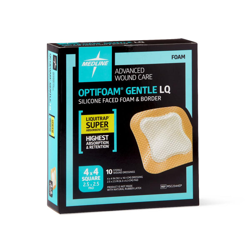 Optifoam Gentle Silicone-Faced Foam Dressing with Liquitrap Super Absorbent Core in Educational Packaging, 4" x 4", 100/CS  (MSC2344EP) Case of 100