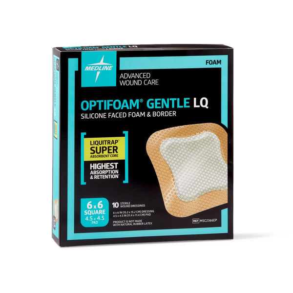 Optifoam Gentle Silicone-Faced Foam Dressing with Liquitrap Super Absorbent Core in Educational Packaging, 6" x 6", 100/CS  (MSC2366EP) Case of 100