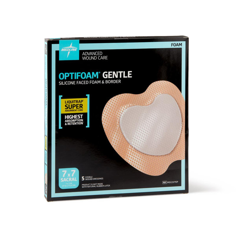 Optifoam Gentle Silicone-Faced Foam Dressing with Liquitrap Super Absorbent Core in Educational Packaging, 7" x 7", Sacrum, 40/CS  (MSC2377EP) Case of 40