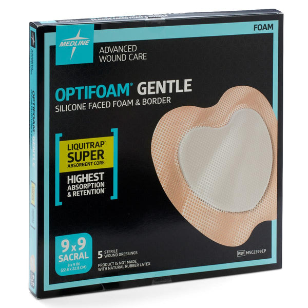 Optifoam Gentle Silicone-Faced Foam Dressing with Liquitrap Super Absorbent Core in Educational Packaging, 9" x 9", Sacrum, 25/CS  (MSC2399EP) Case of 25