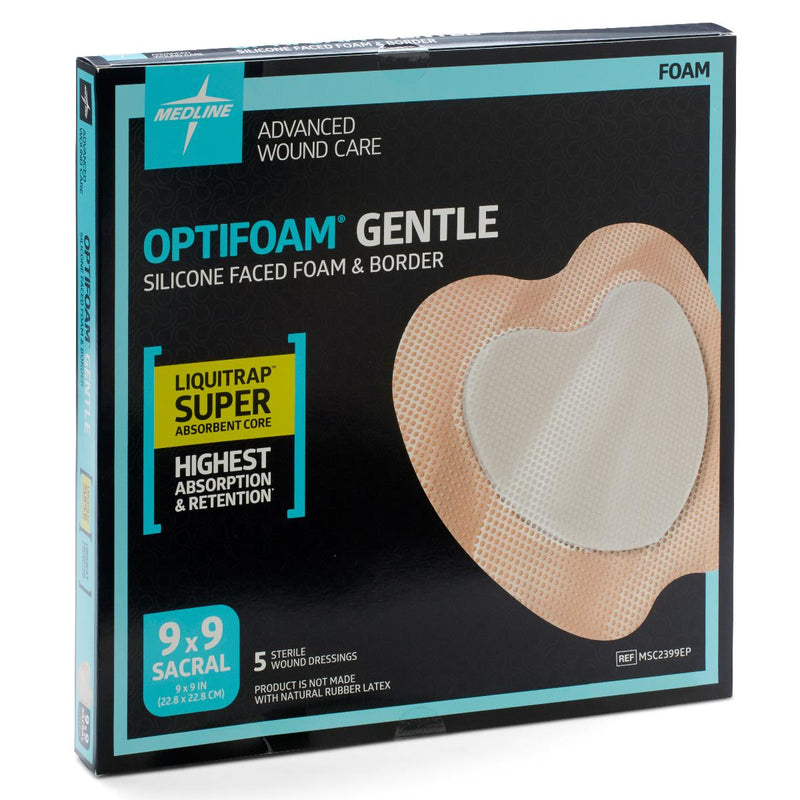 Optifoam Gentle Silicone-Faced Foam Dressing with Liquitrap Super Absorbent Core in Educational Packaging, 9" x 9", Sacrum, 25/CS  (MSC2399EP) Case of 25