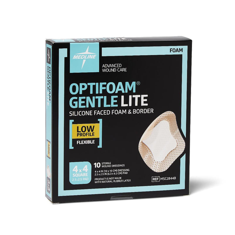 Optifoam Gentle Lite Foam Dressing, 4" x 4" with Border, 100/CS  (MSC2844B) Case of 100