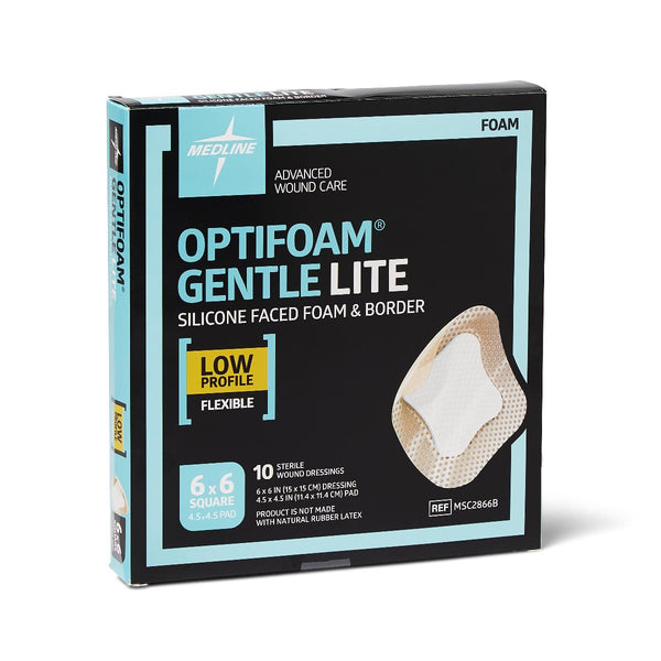 Optifoam Gentle Lite Foam Dressing, 6" x 6" with Border, 100/CS  (MSC2866B) Case of 100