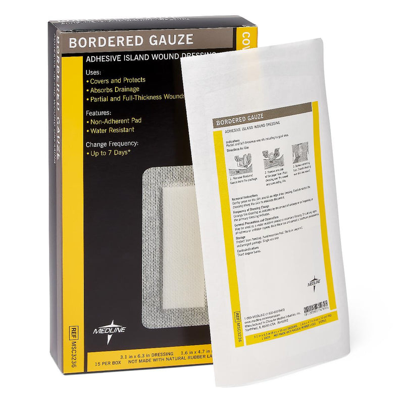 Sterile Bordered Gauze Adhesive Island Wound Dressing, 3" x 6" with 1.5" x 4" Pad, 150/CS  (MSC3236) Case of 150