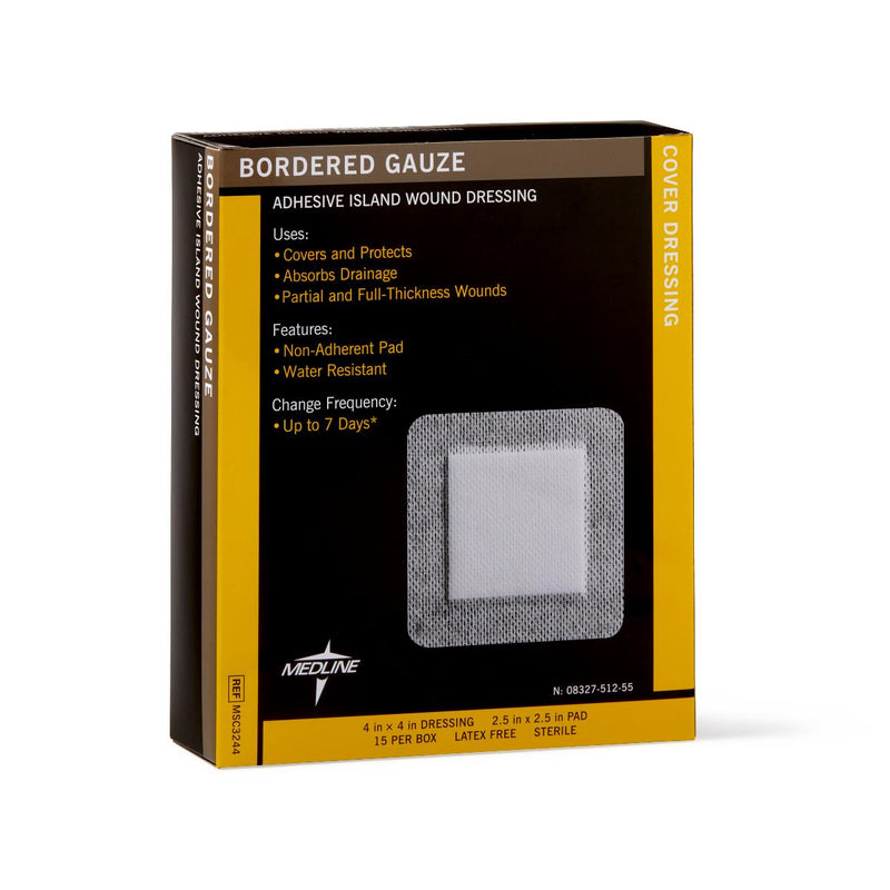 Sterile Bordered Gauze Adhesive Island Wound Dressing, 4" x 4" with 2.5" x 2.5" Pad, 150/CS  (MSC3244) Case of 150