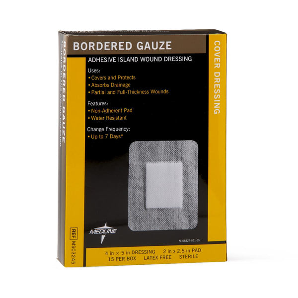 Sterile Bordered Gauze Adhesive Island Wound Dressing, 4" x 5" with 2" x 2.5" Pad, 150/CS  (MSC3245) Case of 150