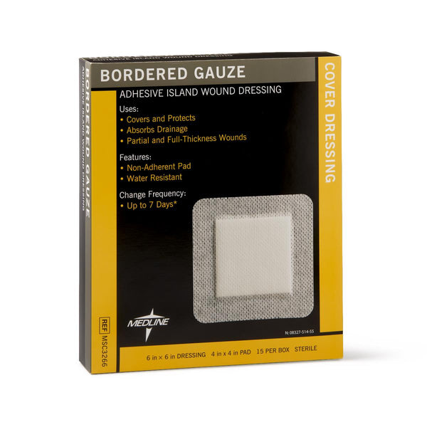 Sterile Bordered Gauze Adhesive Island Wound Dressing, 6" x 6" with 4" x 4" Pad, 150/CS  (MSC3266) Case of 150