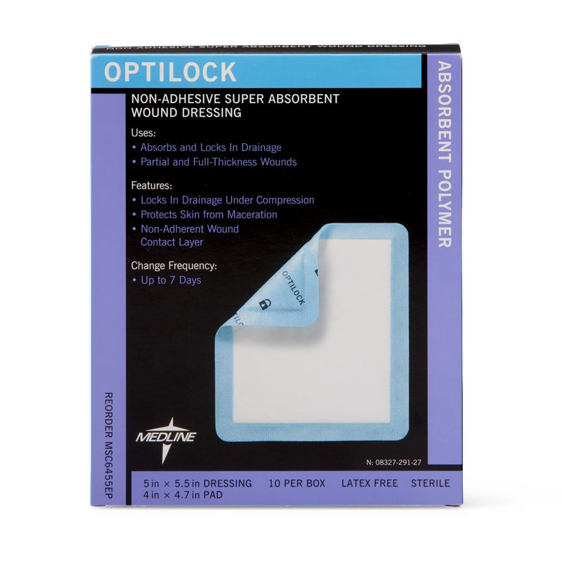 OptiLock Nonadhesive Super Absorbent Wound Dressings, 5" x 5.5", in Educational Packaging, 10/BX  (MSC6455EPZ) Box of 10